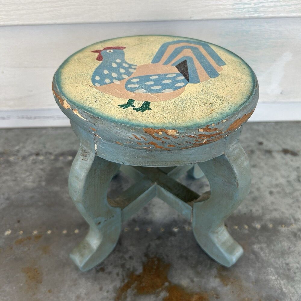 Vintage Hand Painted  Wooden Rooster Plant Stand Stool Distressed Folk Art 7”